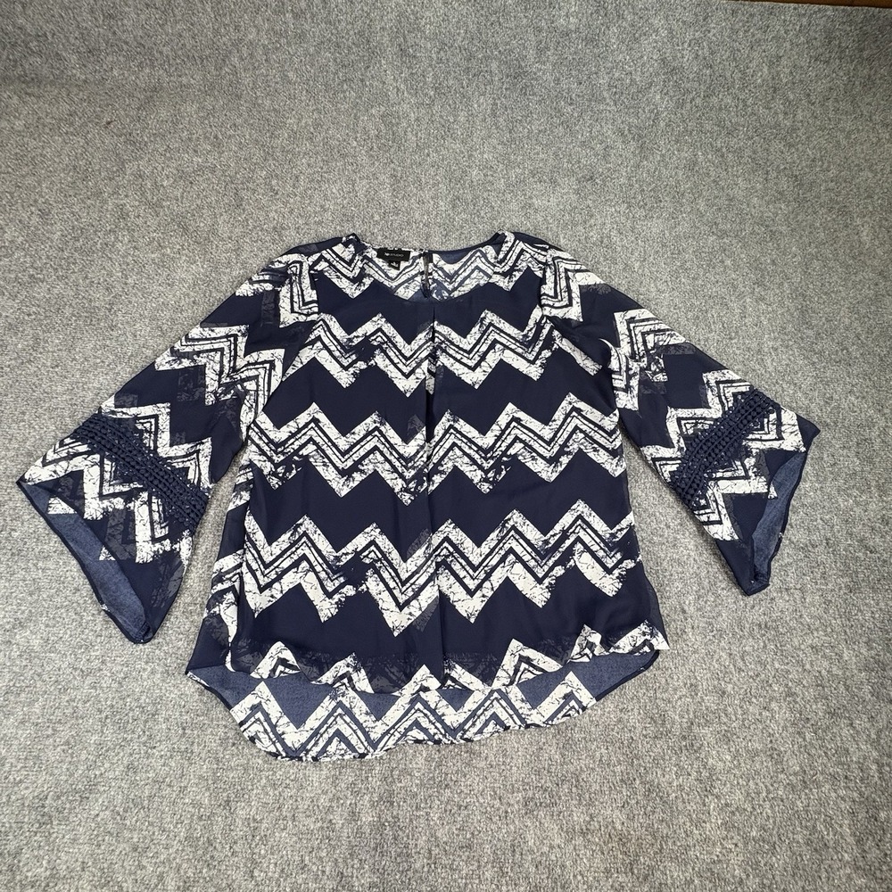 AB Studio Blouse Women L Navy White Chevron Boho Bell Sleeve Crochet Trim Artsy